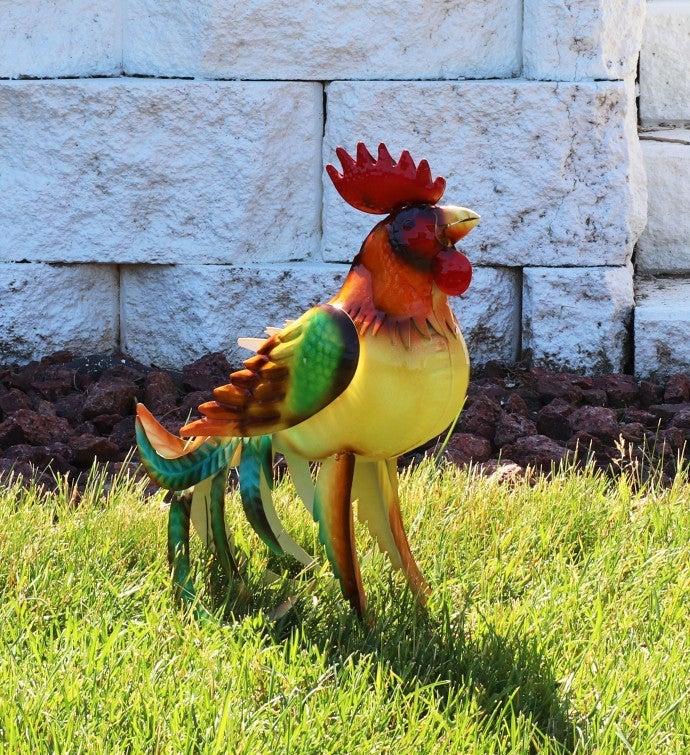 Romeo The Rooster Metal Outdoor Statue - 16"
