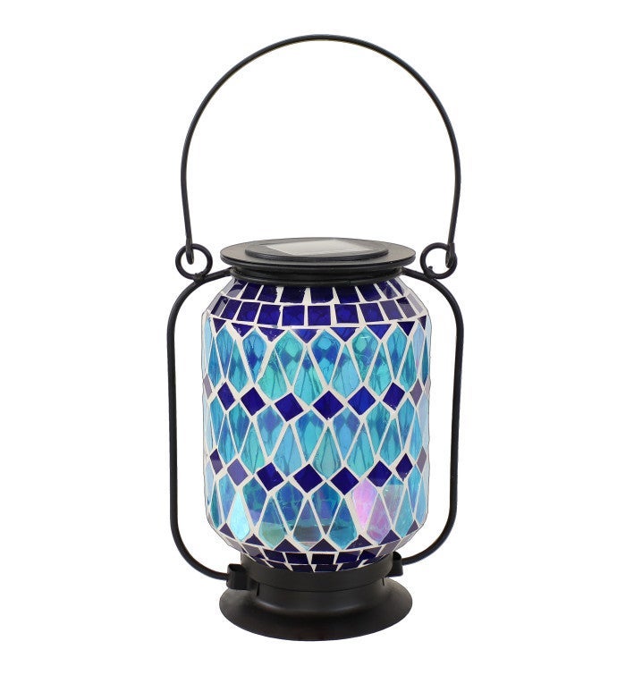 Outdoor Solar Lantern With Led Light And Cool Blue Glass Mosaic Design