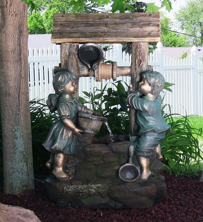 Children At The Well Outdoor Water Fountain Water Feature W/ Led - 39"