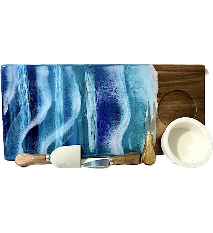 Hand painted Seascape Charcuterie Board With Serving Accessories