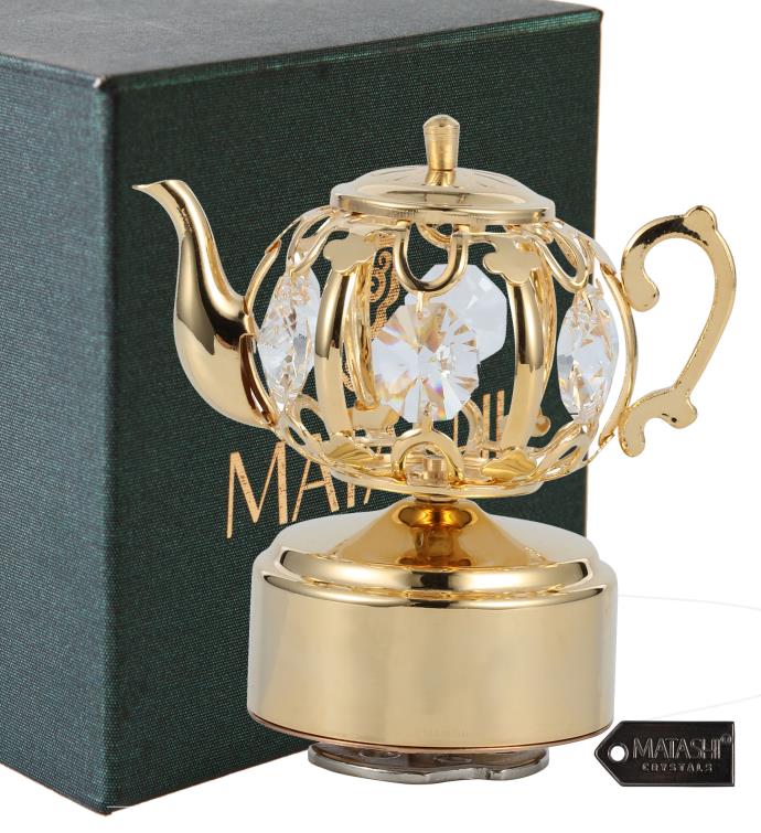 Matashi 24k Gold Plated Music Box With Crystal Studded Teapot