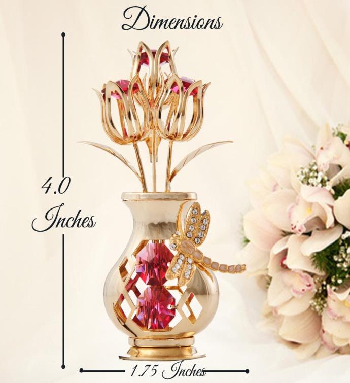 Gold Plated Crystal Studded Flower Ornament In A Vase