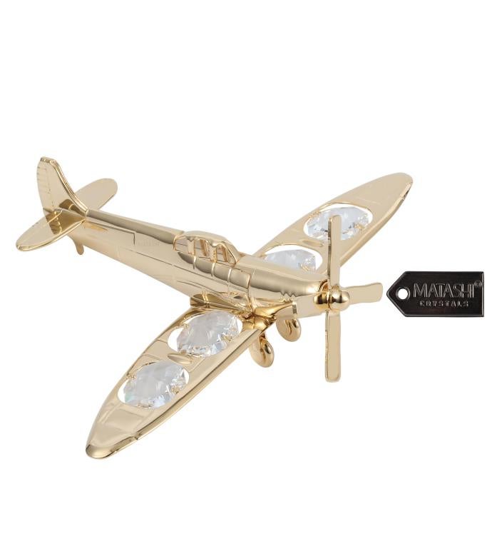 24k Gold Plated Propeller Airplane Ornament Made With Crystals
