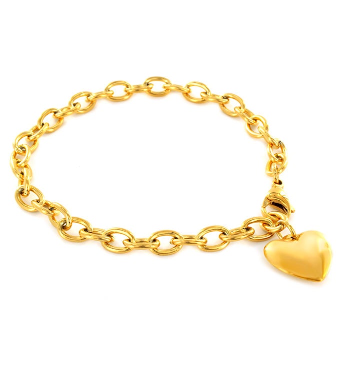 Women's Polished Gold Plated Stainless Steel Heart Dangle Charm Bracelet