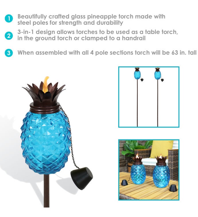 Tropical Pineapple 3-in-1 Yellow Glass Outdoor Torches - Set Of 2