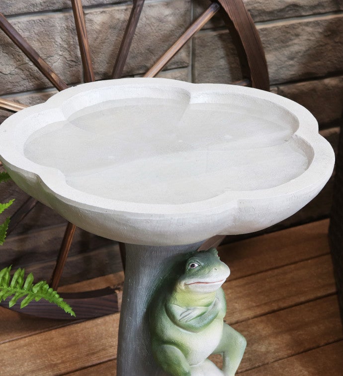 22" Bird Bath Polyresin Outdoor Garden Lightweight Brooding Frog On Stone