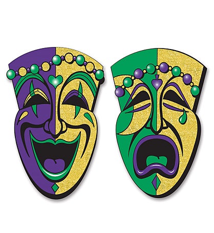 Pack Of 24 Purple & Green Glittered Drama Face Cutout Party Decors 24.5"