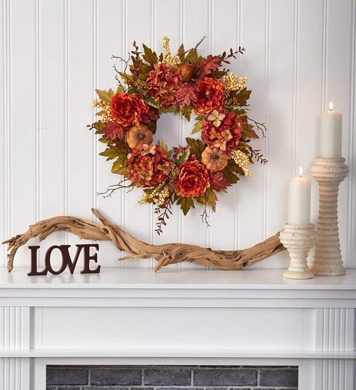 Nearly Natural 24” Peony, Hydrangea And Pumpkin Fall Artificial Wreath