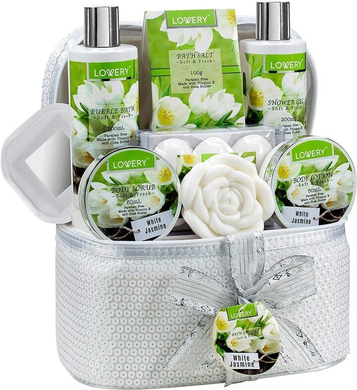 Bath And Body Gift Basket For Women & Men 14 Piece Set In White Jasmine Spa