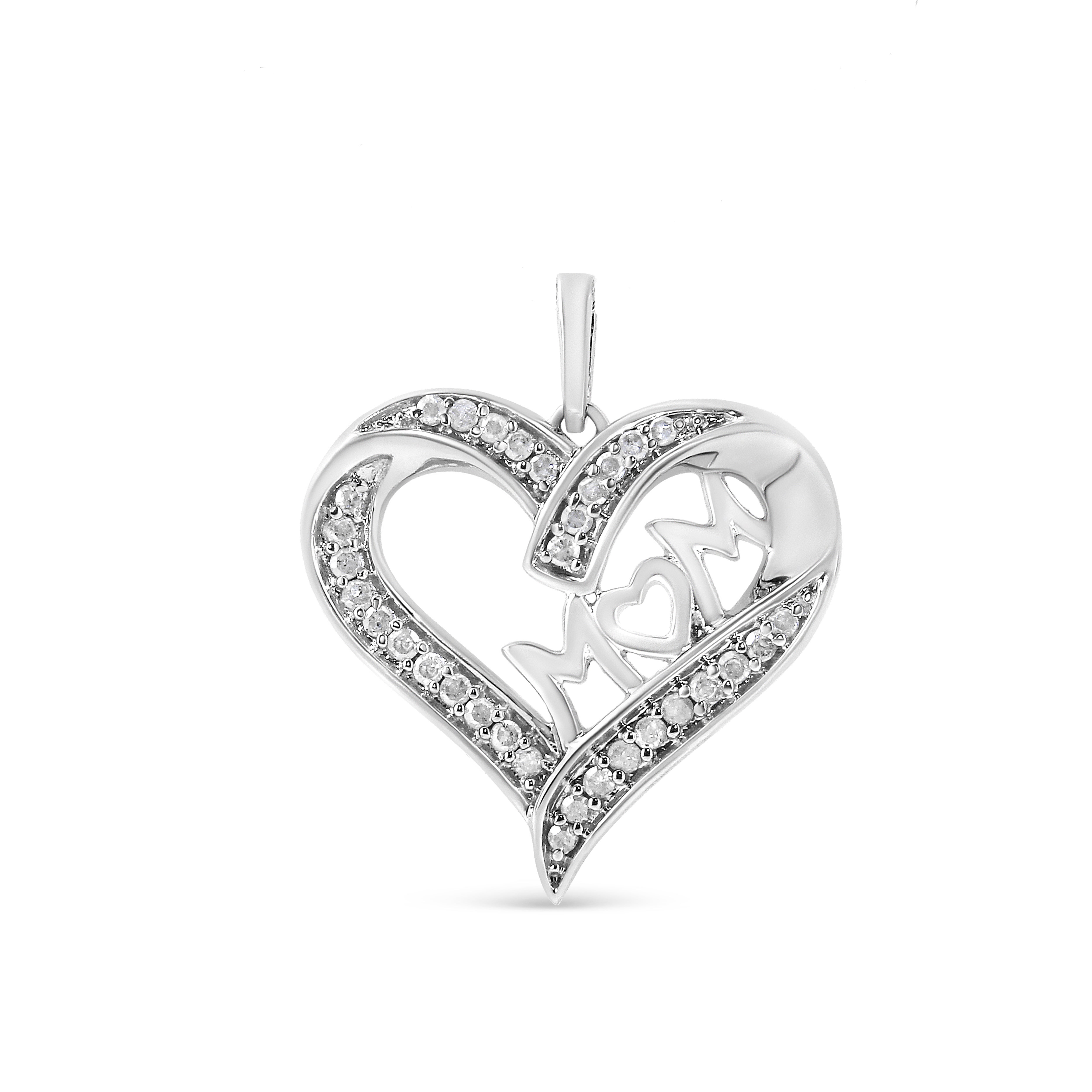 925 Sterling Silver 1/4 Cttw Diamond Engraved Mom Heart Pendant Necklace