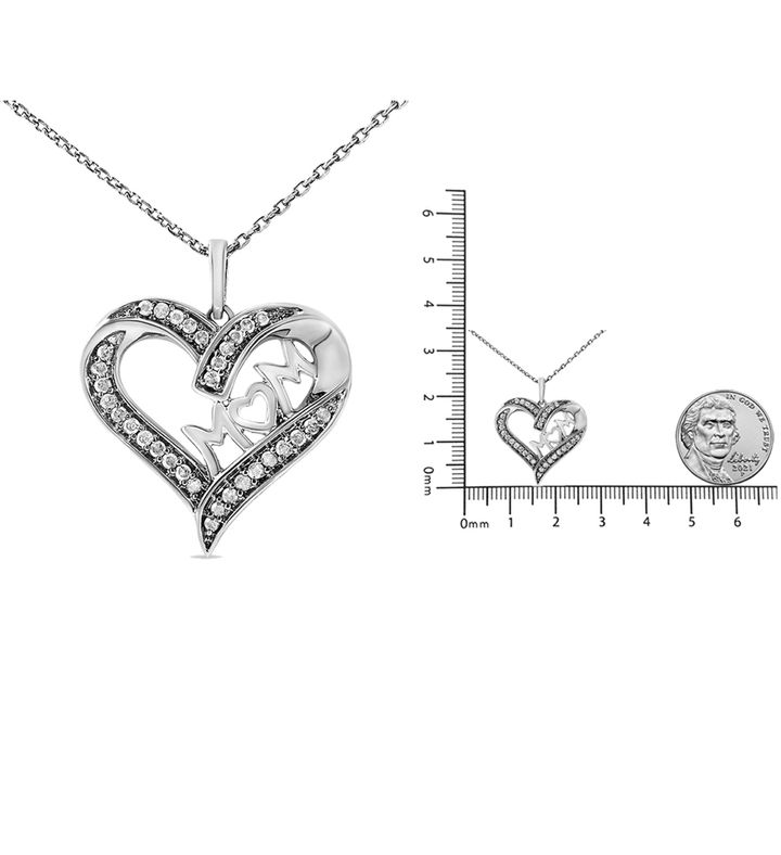 925 Sterling Silver 1/4 Cttw Diamond Engraved Mom Heart Pendant Necklace