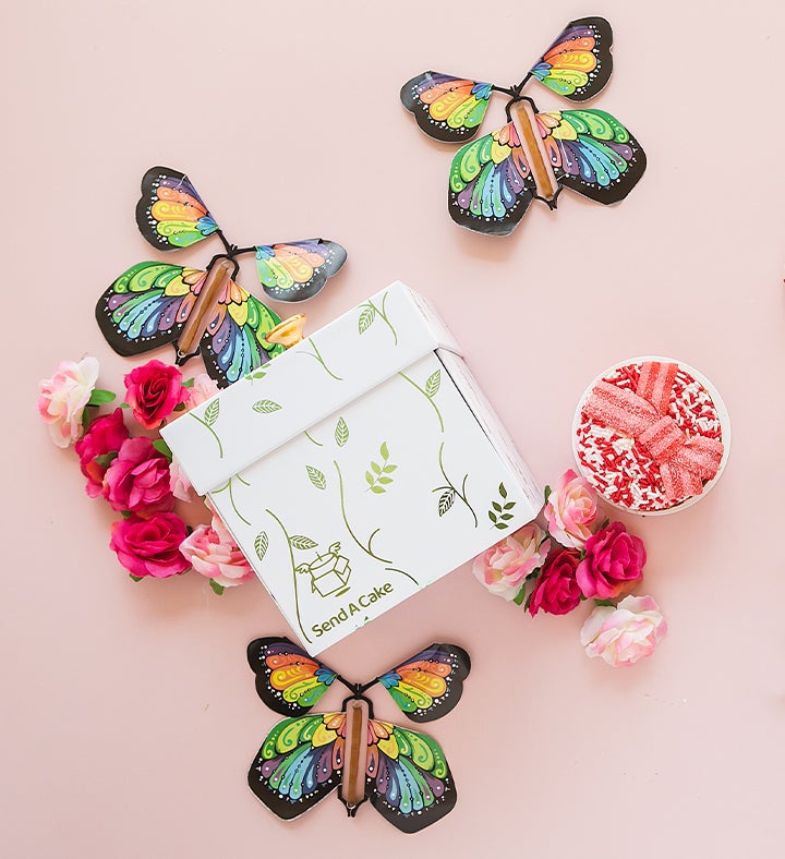 Blossom Box Gift With Butterfly Surprise and Cake