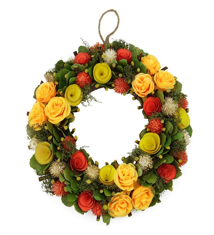 Orange & Yellow Flowers w/ Moss & Twig Artificial Floral Wreath 12 inch