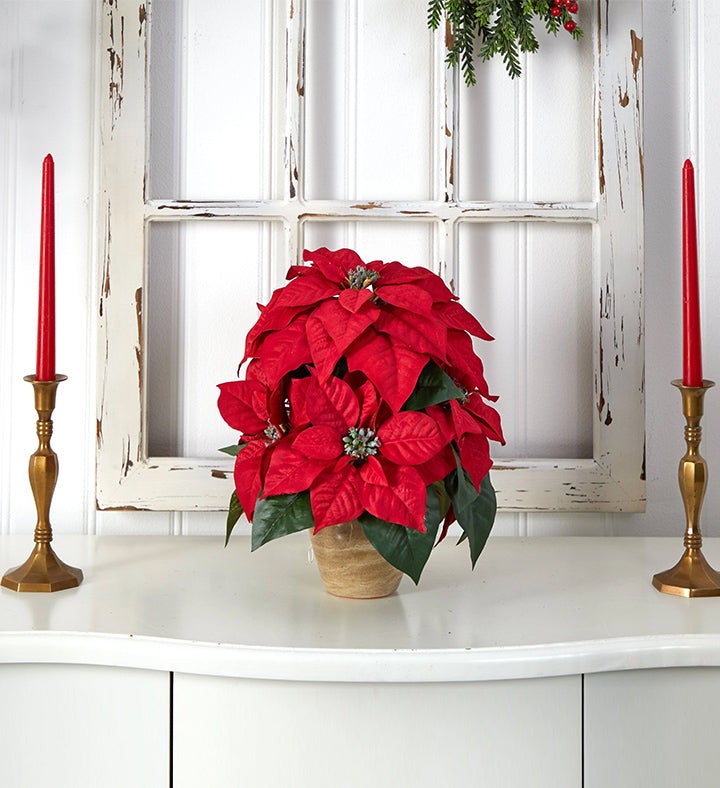 Nearly Natural Poinsettia W/ceramic Vase Silk Flower Arrangement