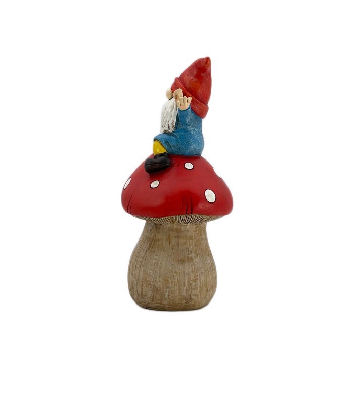 Happy Gnome On Red Mushroom Garden Statue