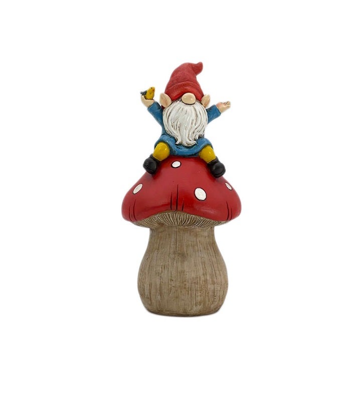 Happy Gnome On Red Mushroom Garden Statue
