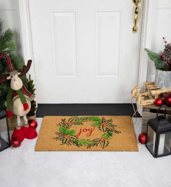 "Joy" Christmas Wreath Outdoor Doormat