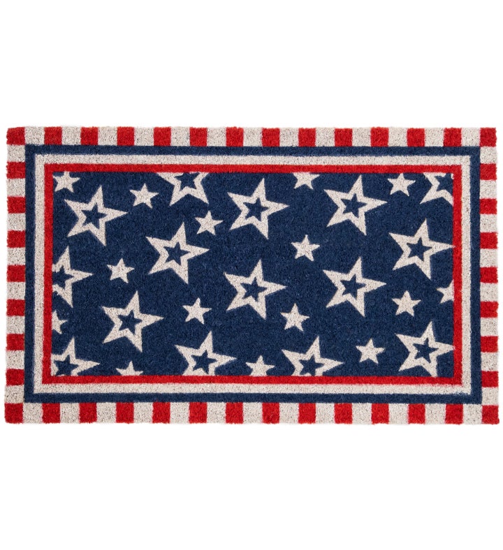 Blue And Red Americana Stars And Striped Border Coir Outdoor Doormat