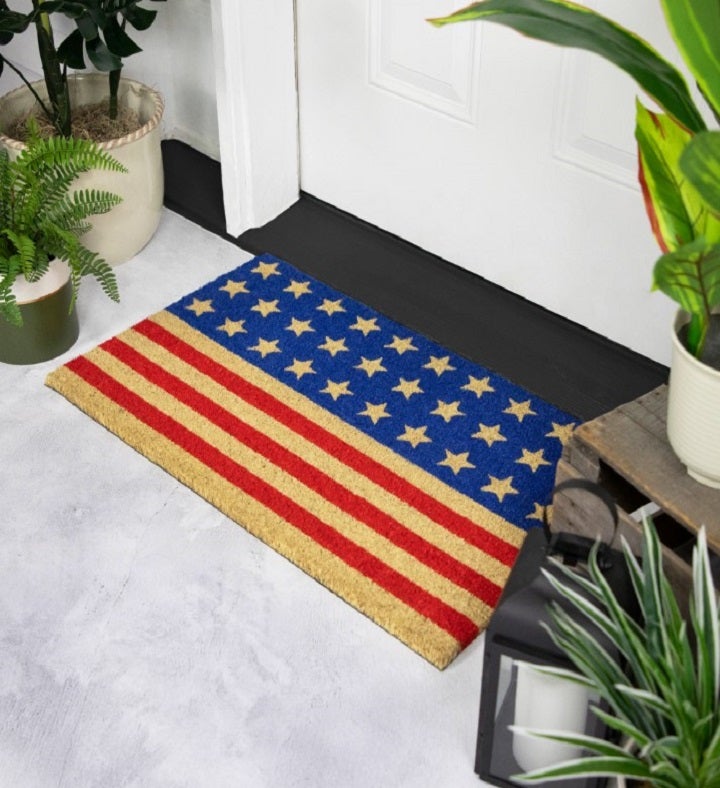 Blue And Red Americana Stripes And Stars Coir Outdoor Doormat 18" X 30"