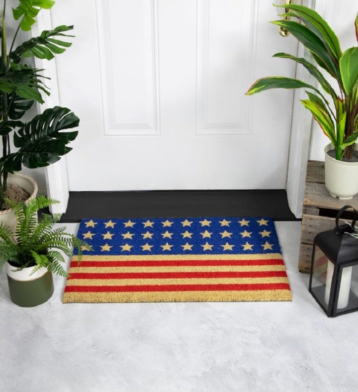 Blue And Red Americana Stripes And Stars Coir Outdoor Doormat 18" X 30"