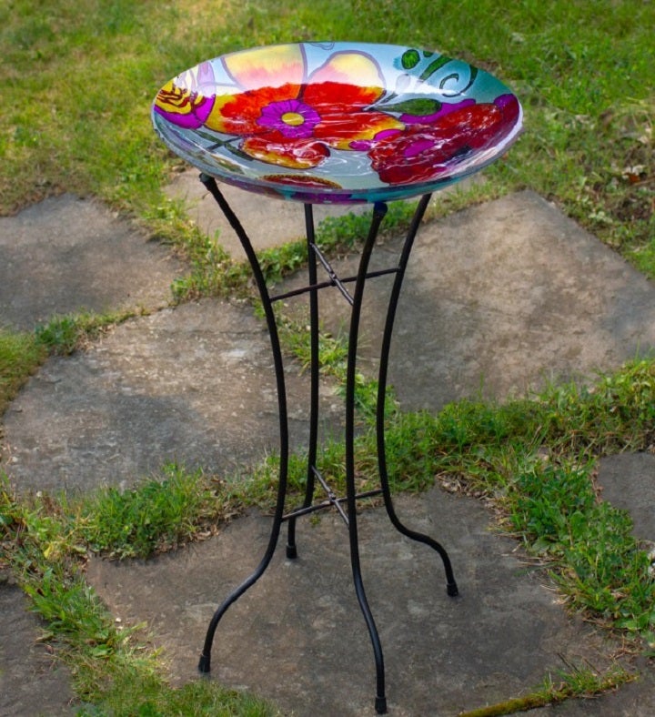 Multi-colored Hand Painted Glass Floral Pattern Outdoor Patio Bird Bath