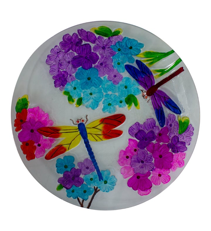 18” Pink And Purple Dragonflies Hand Painted Glass Outdoor Patio Birdbath