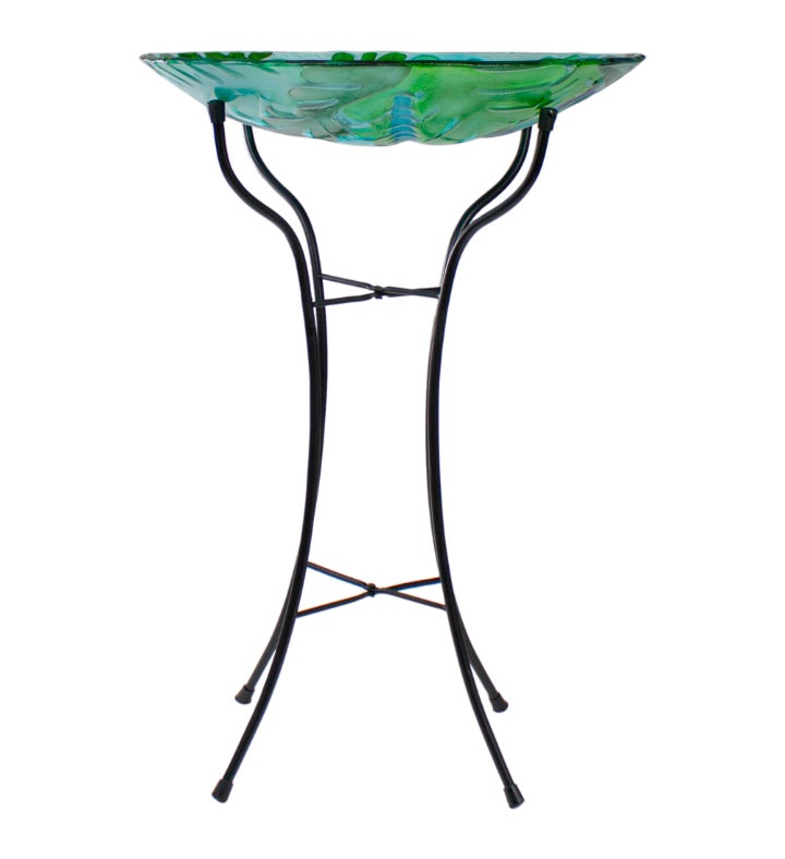 Colorful Dragonfly With Green Leaves Hand Painted Glass Patio Birdbath