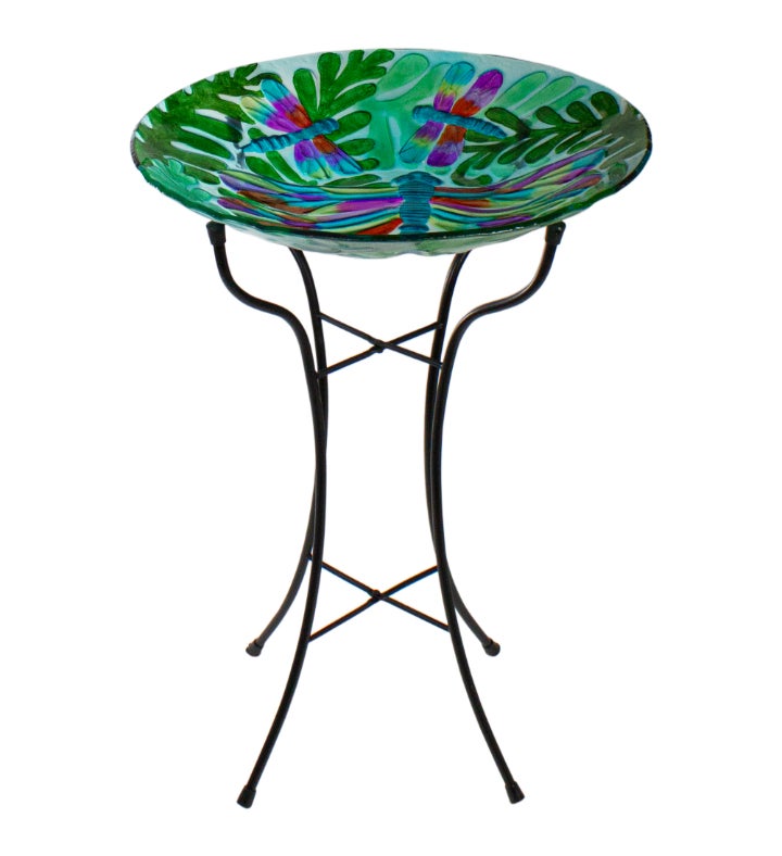 Colorful Dragonfly With Green Leaves Hand Painted Glass Patio Birdbath