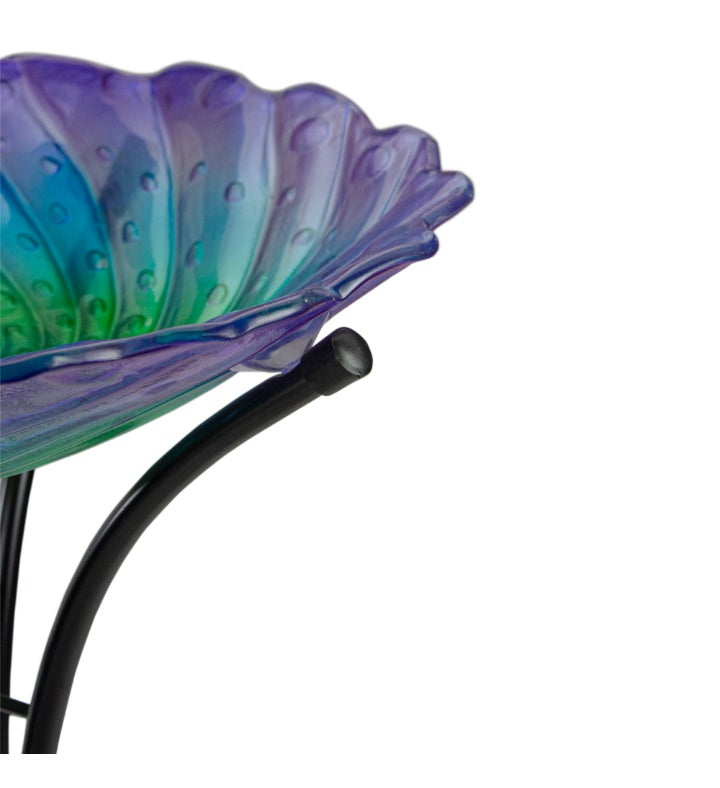 18” Purple And Green Swirled Hand Painted Glass Outdoor Birdbath