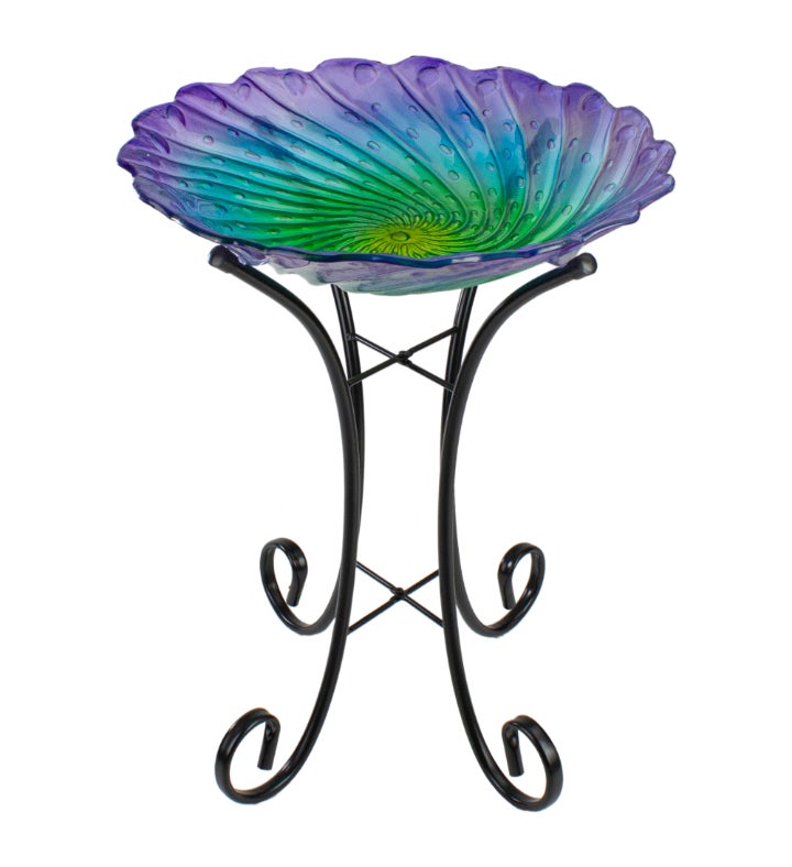 18” Purple And Green Swirled Hand Painted Glass Outdoor Birdbath