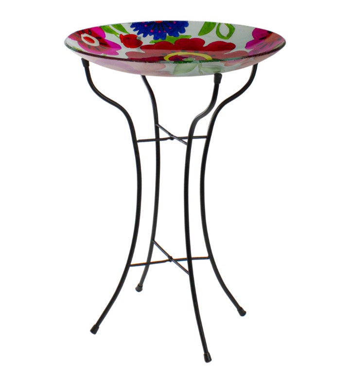 18" Summer Flowers Hand Painted Glass Outdoor Birdbath