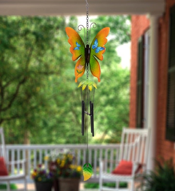 15.75" Orange and Green Metal Butterfly Outdoor Garden Windchime