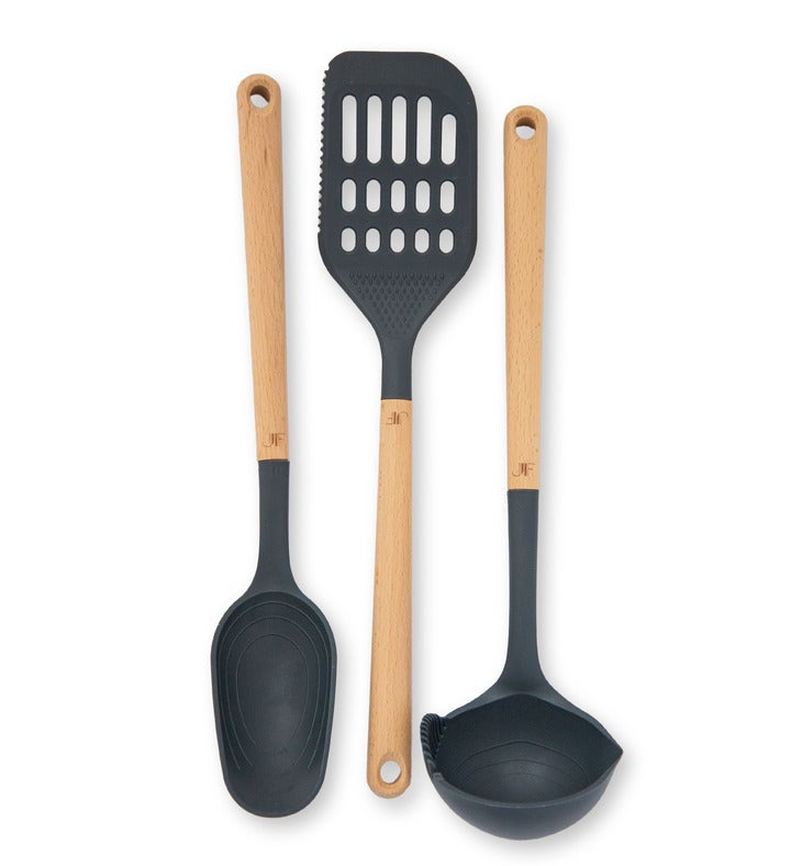 Jeanne Fitz Gray Beechwood And  Nylon 3 Piece Kitchen Utensil Set