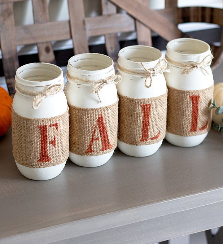 Farmhouse Fall Home Decor   Set Of 4 Painted Jars