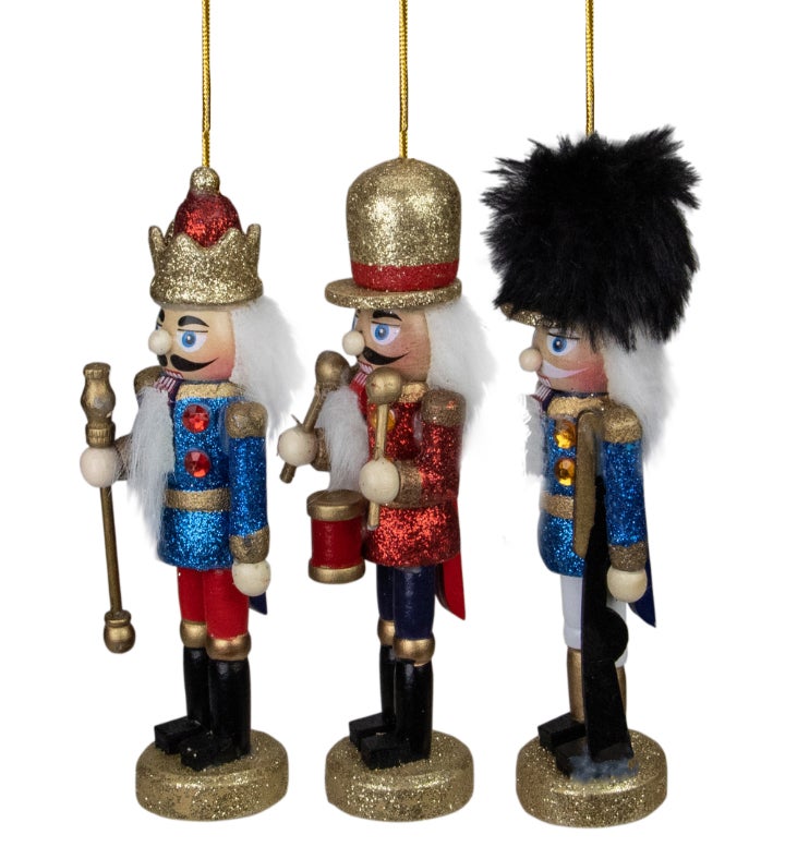 Set Of 3 Glittery Nutcracker King Soldier And Drummer Ornaments 5.25"