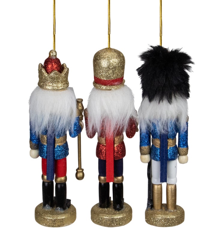 Set Of 3 Glittery Nutcracker King Soldier And Drummer Ornaments 5.25"