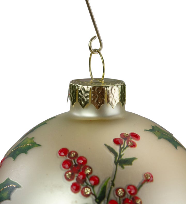 Gold Holly Berry Glass Ball Christmas Ornament 4"