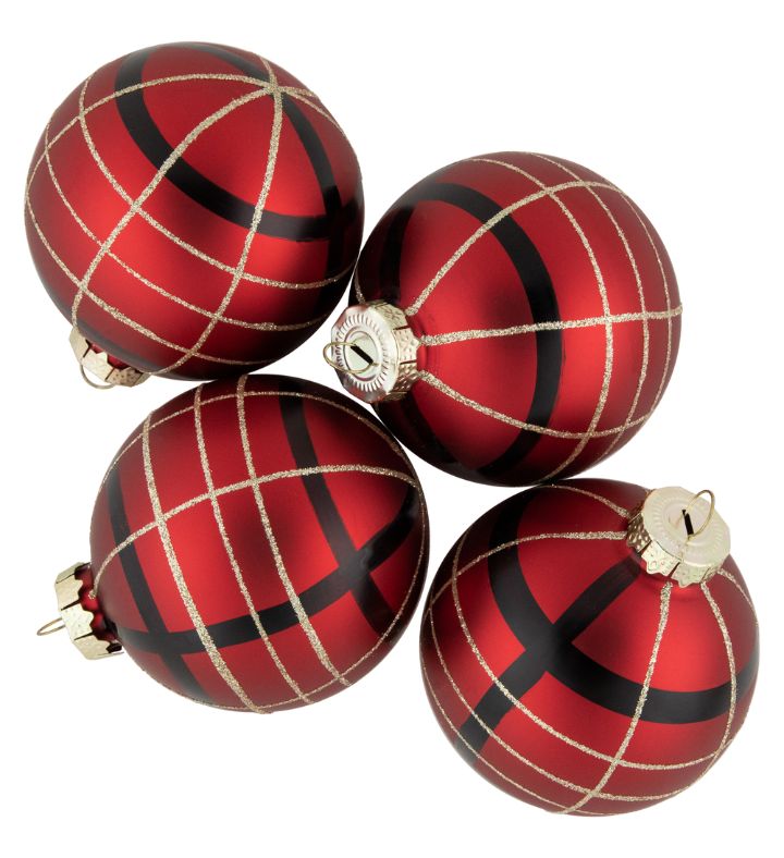 4ct Red Black And Gold Plaid Glass Ball Christmas Ornaments 3.25"