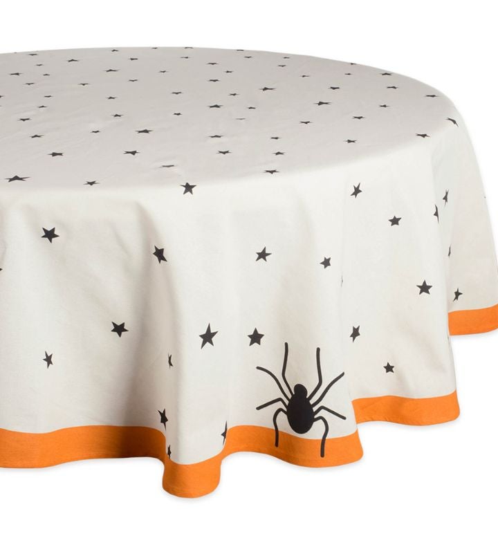 Spider & Stars Round Halloween Cotton Tablecloth   70"   Cream & Orange