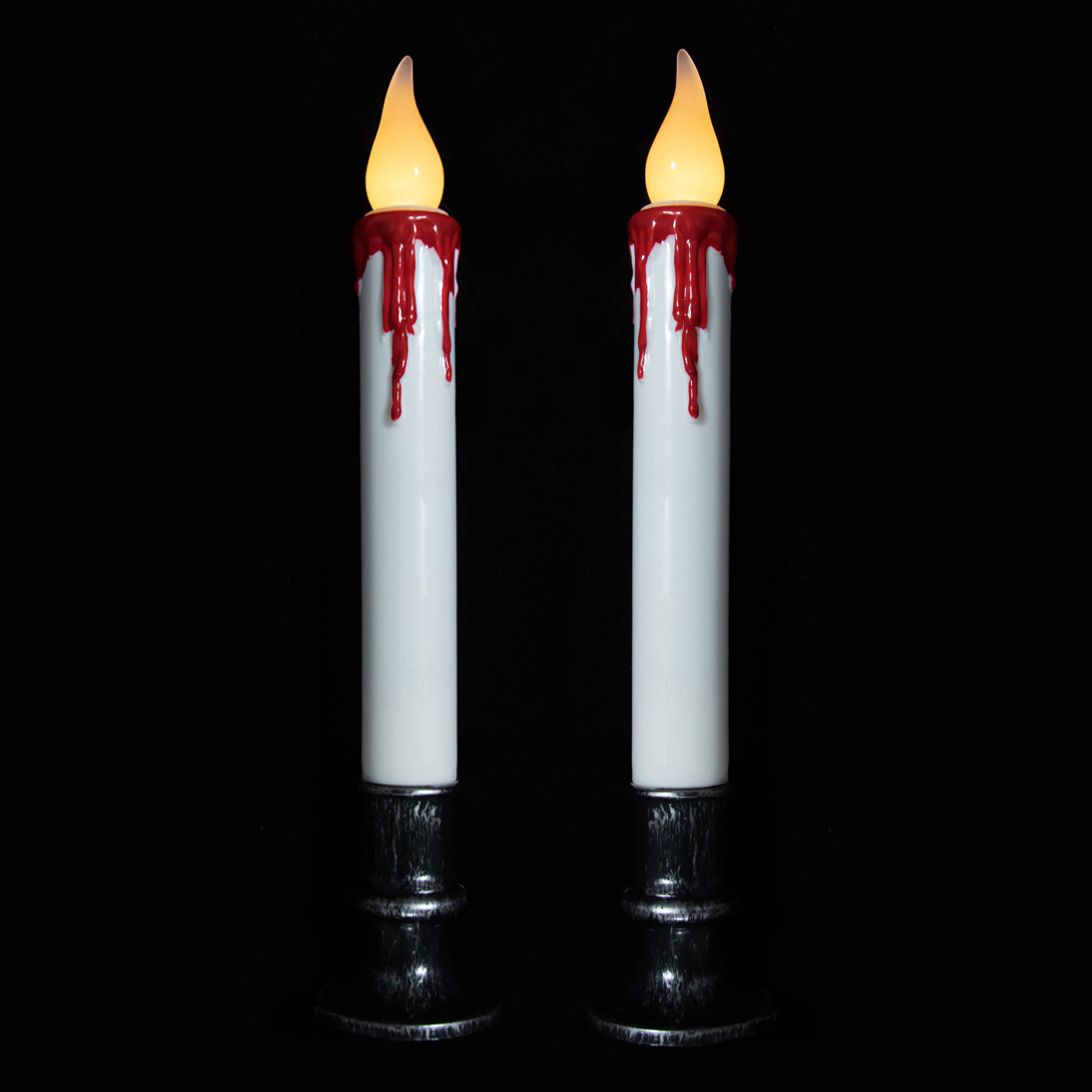 Set Of 2 Pre-lit Led White And Red Halloween Taper Candles With Timer