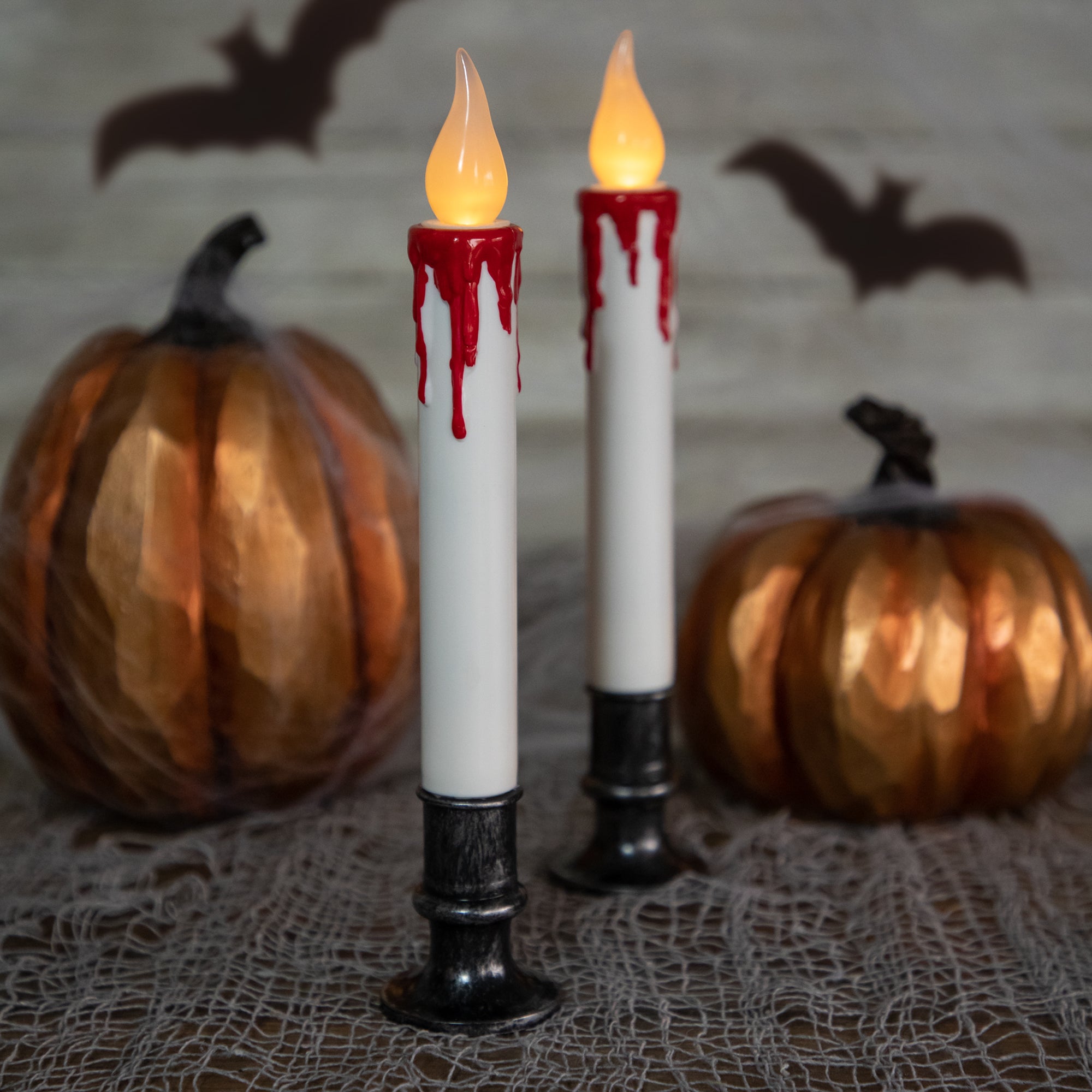 Set Of 2 Pre-lit Led White And Red Halloween Taper Candles With Timer