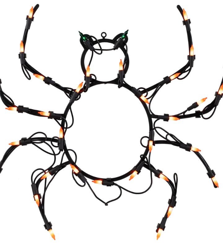 Black And Orange Lighted Spider Halloween Window Silhouette