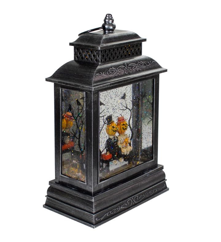 Lighted Black Halloween Snow Globe Lantern With Pumpkin Couple