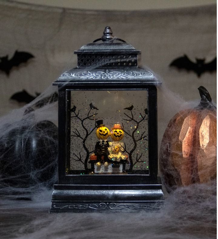 Lighted Black Halloween Snow Globe Lantern With Pumpkin Couple