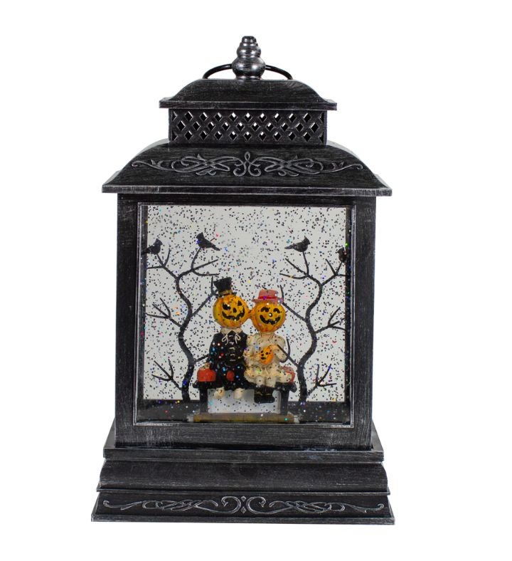 Lighted Black Halloween Snow Globe Lantern With Pumpkin Couple