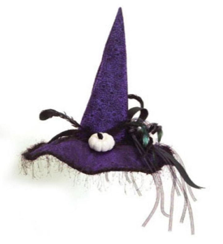 Purple And Black Witch Halloween Hat With Pumpkins Tabletop Decor