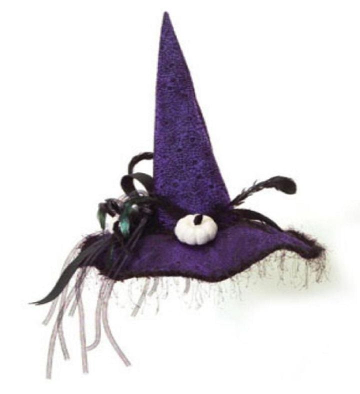 Purple And Black Witch Halloween Hat With Pumpkins Tabletop Decor