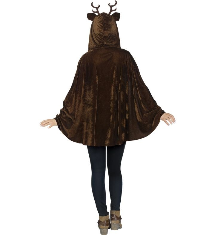 Brown & White Pullover Reindeer Poncho W/ Antlers Women Christmas Costume