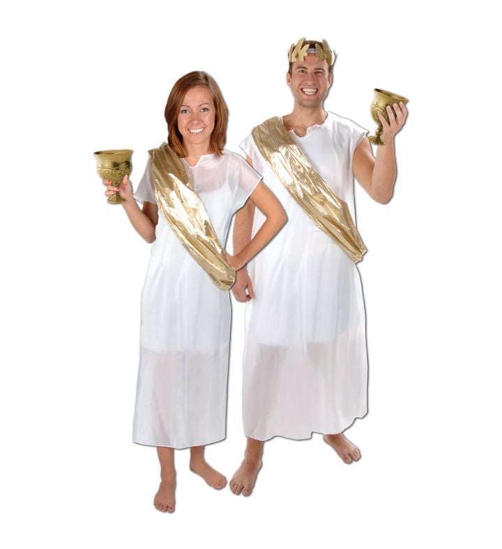 White & Gold Roman Toga & Sash Set Unisex Adult Halloween Costume