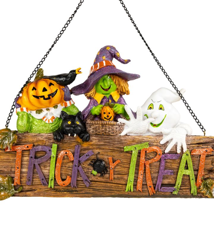 13.5" Trick Or Treat Jack O' Lantern Ghost And Witch Halloween Wall Sign